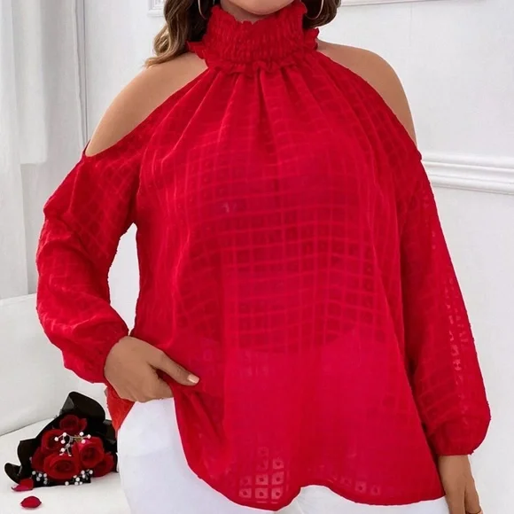 Plus Cold Shoulder Mock Neck Blouse - Picture 2 of 8